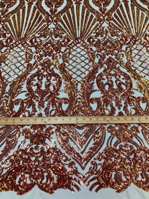 Seashell Geometric Sequins - Iridescent Orange - Embroidered Sequins on 4 Way Stretch Lace Mesh Sold By Yard