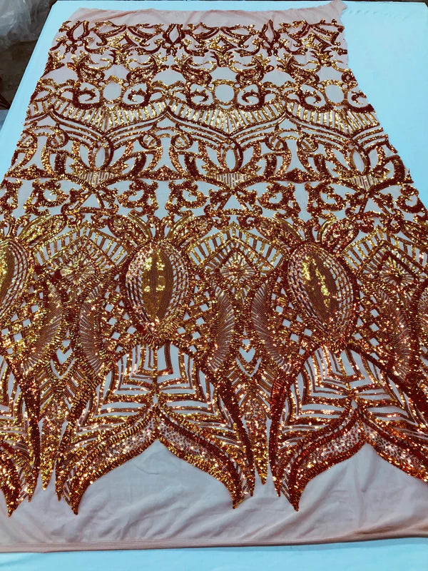 Royalty Damask Sequins Fabric - Iridescent Orange - Fancy Royal Lace Design 4 Way Stretch Sequins By Yard