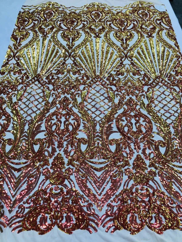 Seashell Geometric Sequins - Iridescent Orange - Embroidered Sequins on 4 Way Stretch Lace Mesh Sold By Yard