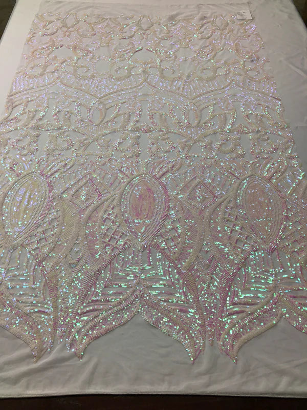 Royalty Damask Sequins Fabric - Iridescent Pink - Fancy Royal Lace Design 4 Way Stretch Sequins By Yard