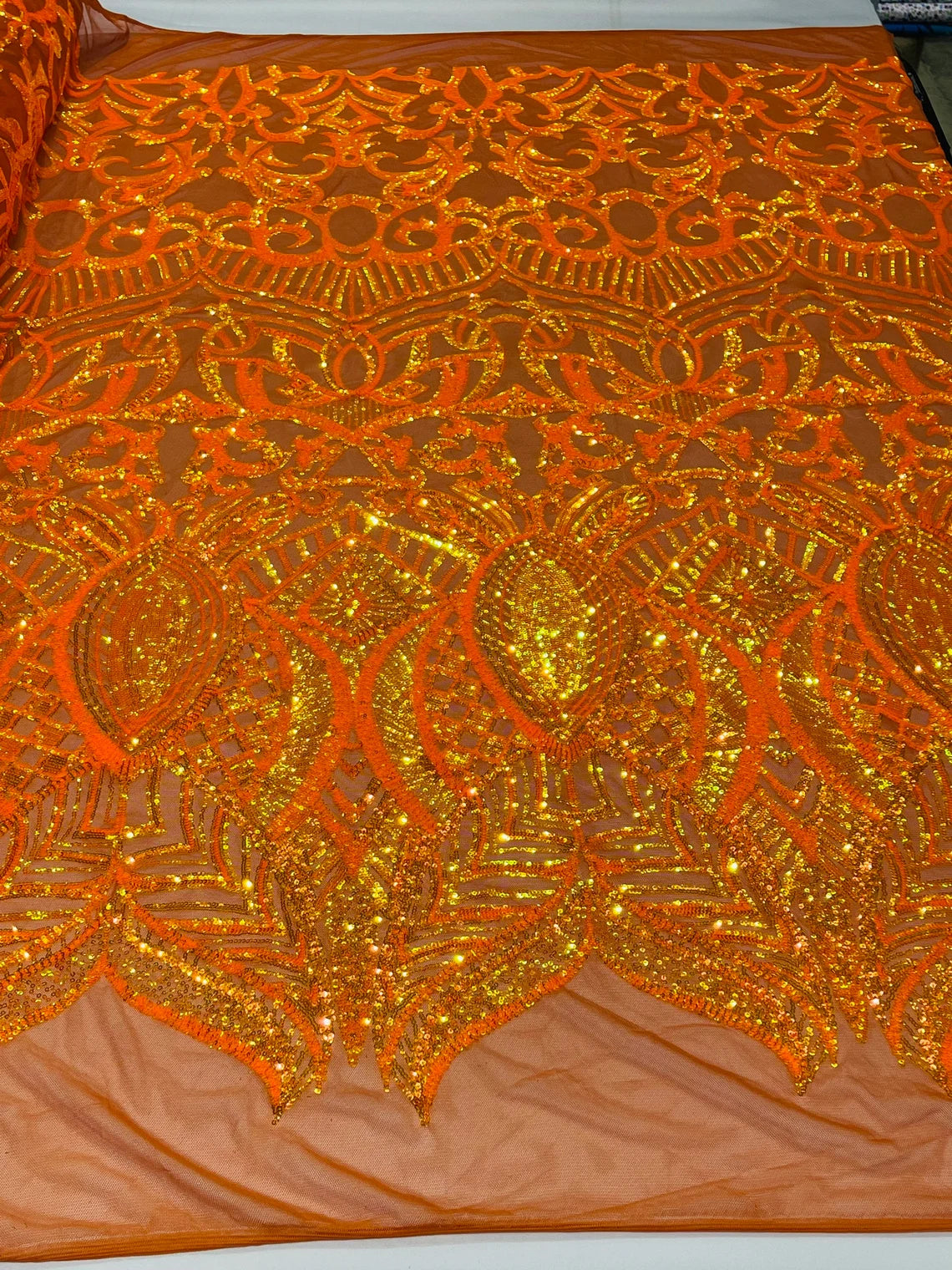 Royalty Damask Sequins Fabric - Iridescent Orange on Orange - Fancy Royal Lace Design 4 Way Stretch Sequins By Yard