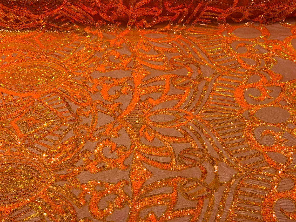 Royalty Damask Sequins Fabric - Iridescent Orange on Orange - Fancy Royal Lace Design 4 Way Stretch Sequins By Yard