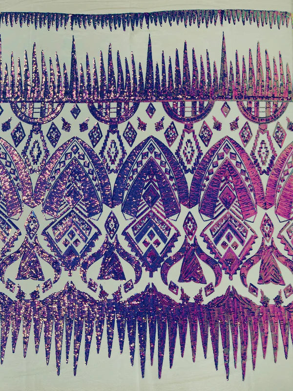 Aztec Geometric Sequins - Iridescent Purple - 4 Way Stretch Geometric Tribal Pattern Design Sequins By Yard