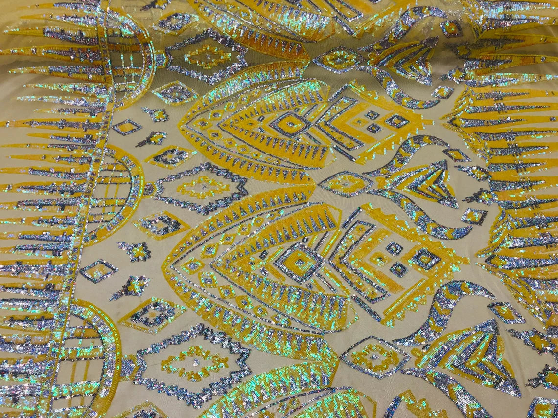 Aztec Geometric Sequins - Iridescent Yellow - 4 Way Stretch Geometric Tribal Pattern Design Sequins By Yard