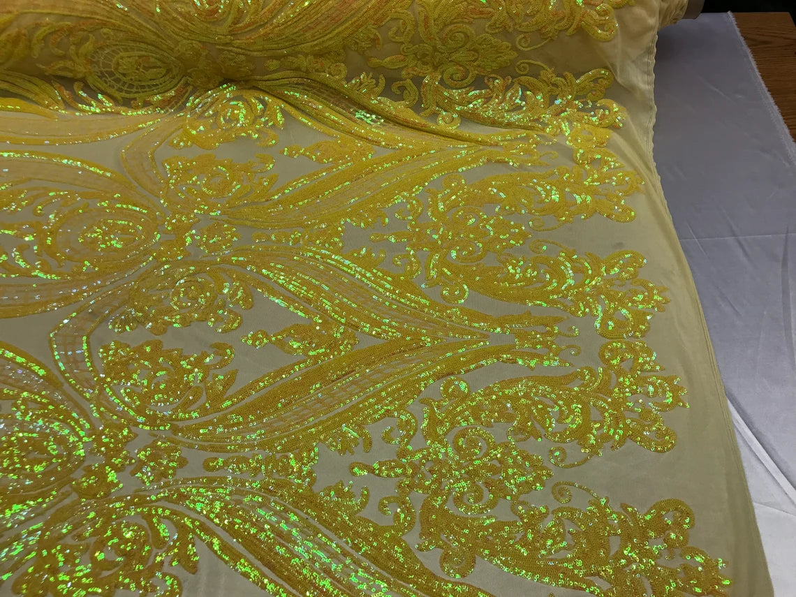 Big Damask 4 Way Sequins - Iridescent Yellow on Yellow - Embroidered Damask Design Sequins Fabric Sold By Yard