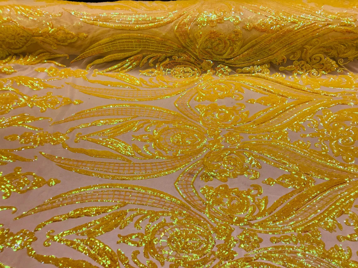 Big Damask 4 Way Sequins - Iridescent Yellow on Yellow - Embroidered Damask Design Sequins Fabric Sold By Yard