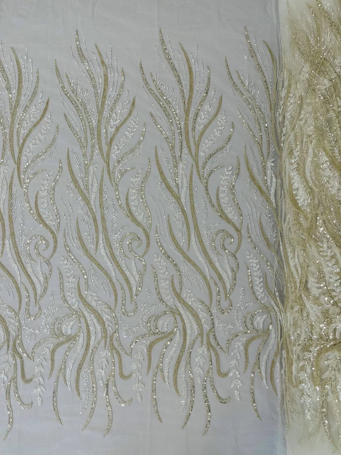 Sea Plants Design Bead Fabric - Ivory - Embroidered Beaded Seaweed Design Fabric By Yard