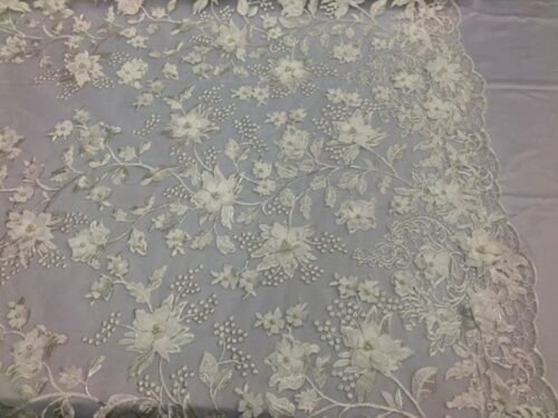3D Floral Princess Fabric - Ivory - Embroidered Floral Lace Fabric with 3D Flowers By Yard