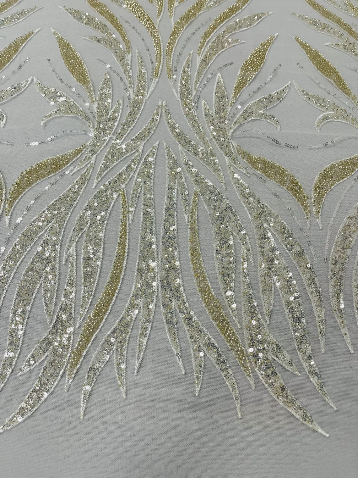 Fancy Wave Plant Beaded Fabric - Ivory - Embroidered Beaded Plant Wavy Design Fabric By Yard