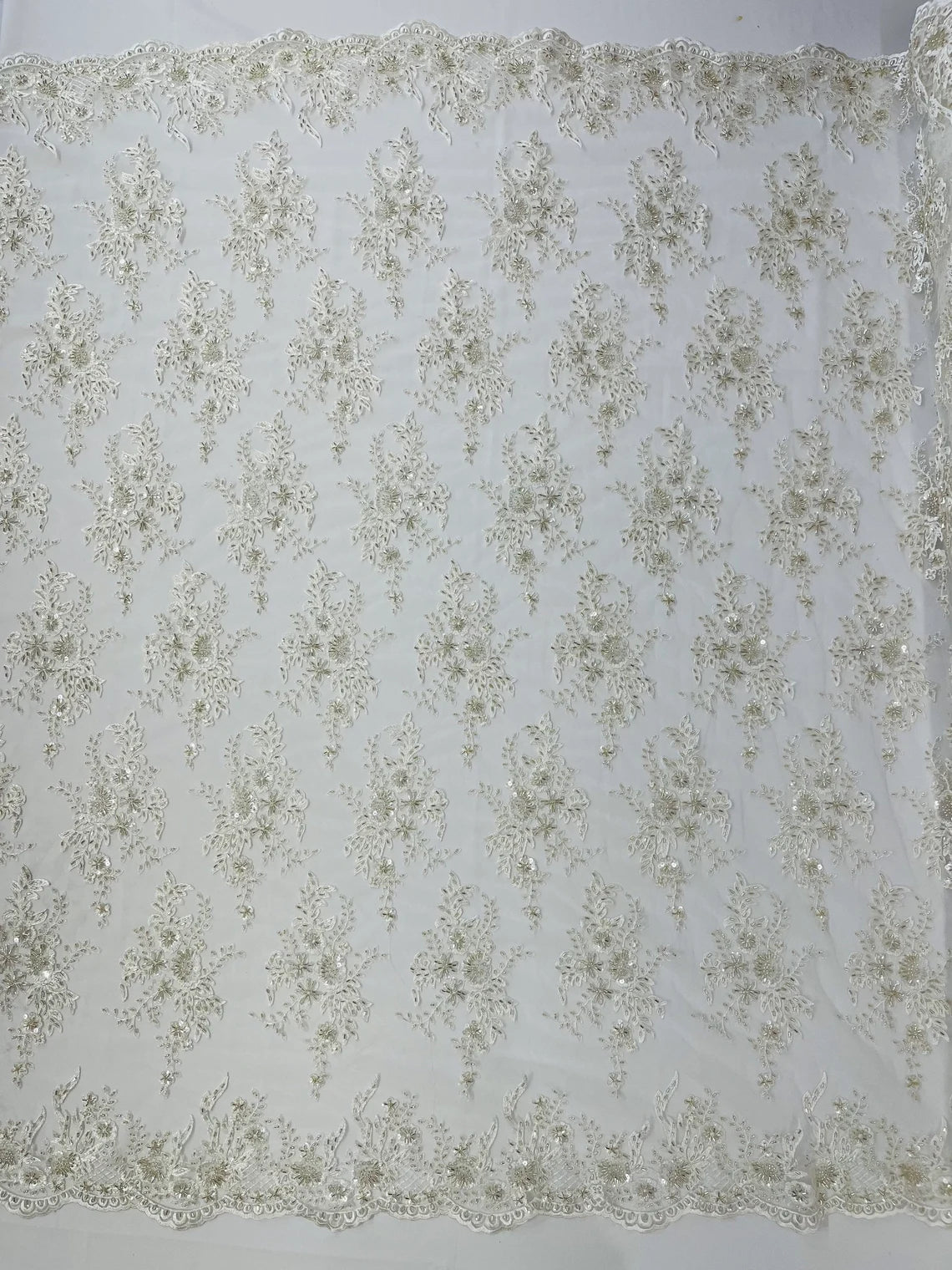 Floral Leaf Bead Sequins Fabric - Ivory - Embroidered Flower and Leaves Design Fabric By Yard