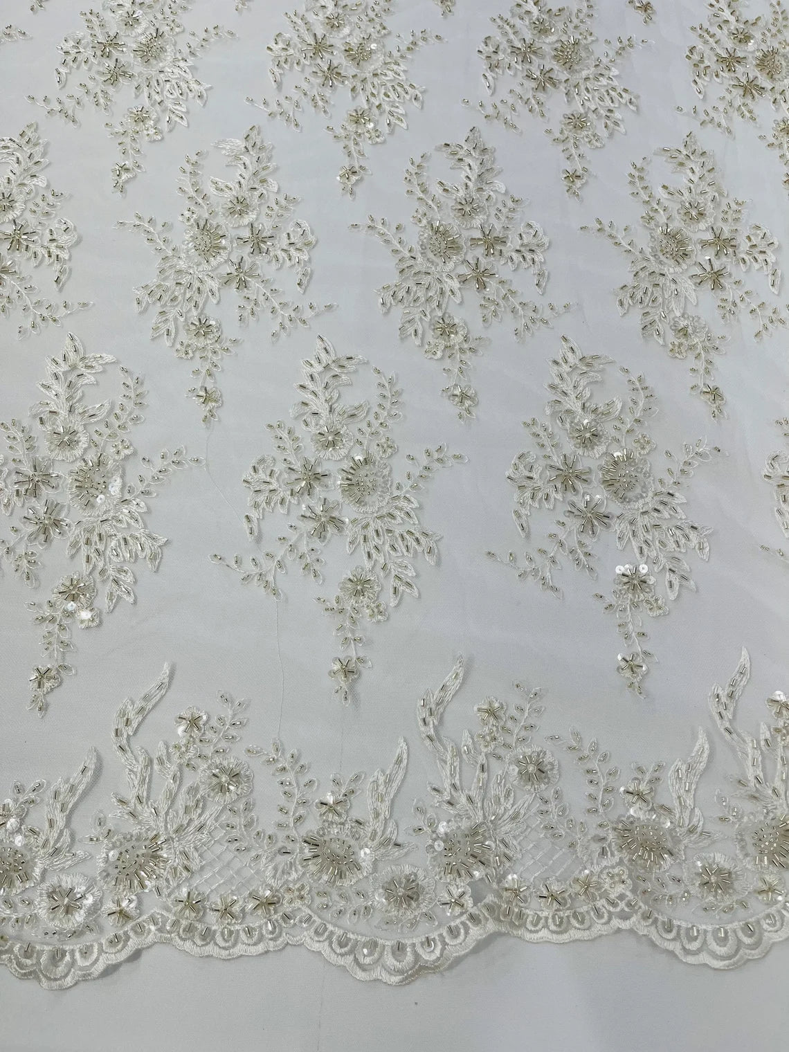 Floral Leaf Bead Sequins Fabric - Ivory - Embroidered Flower and Leaves Design Fabric By Yard