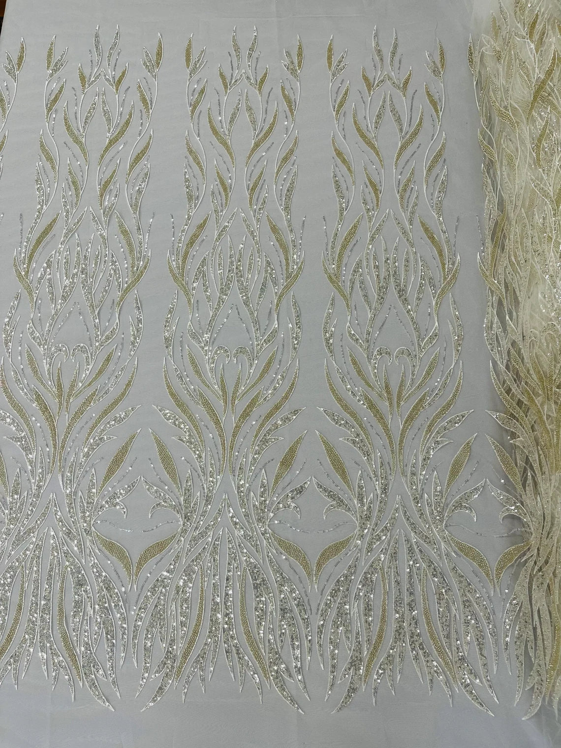 Fancy Wave Plant Beaded Fabric - Ivory - Embroidered Beaded Plant Wavy Design Fabric By Yard