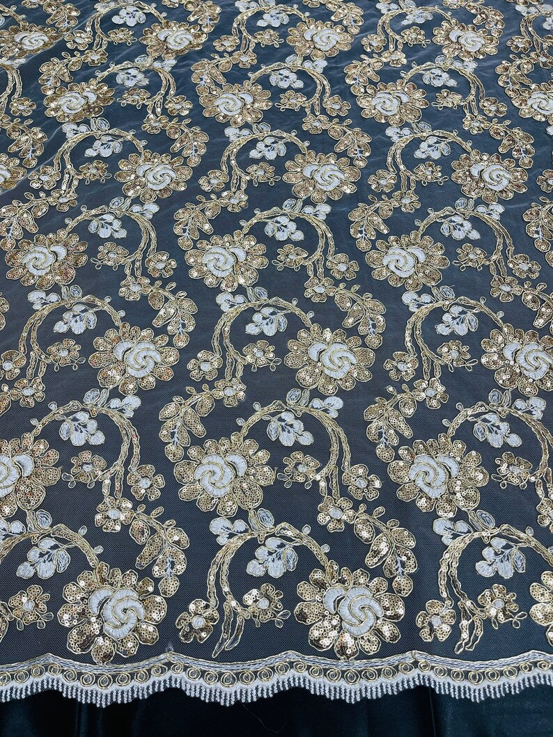 Flower Lace Sequins Fabric - Ivory Gold - Embroidery Floral Design Lace Fabric By Yard