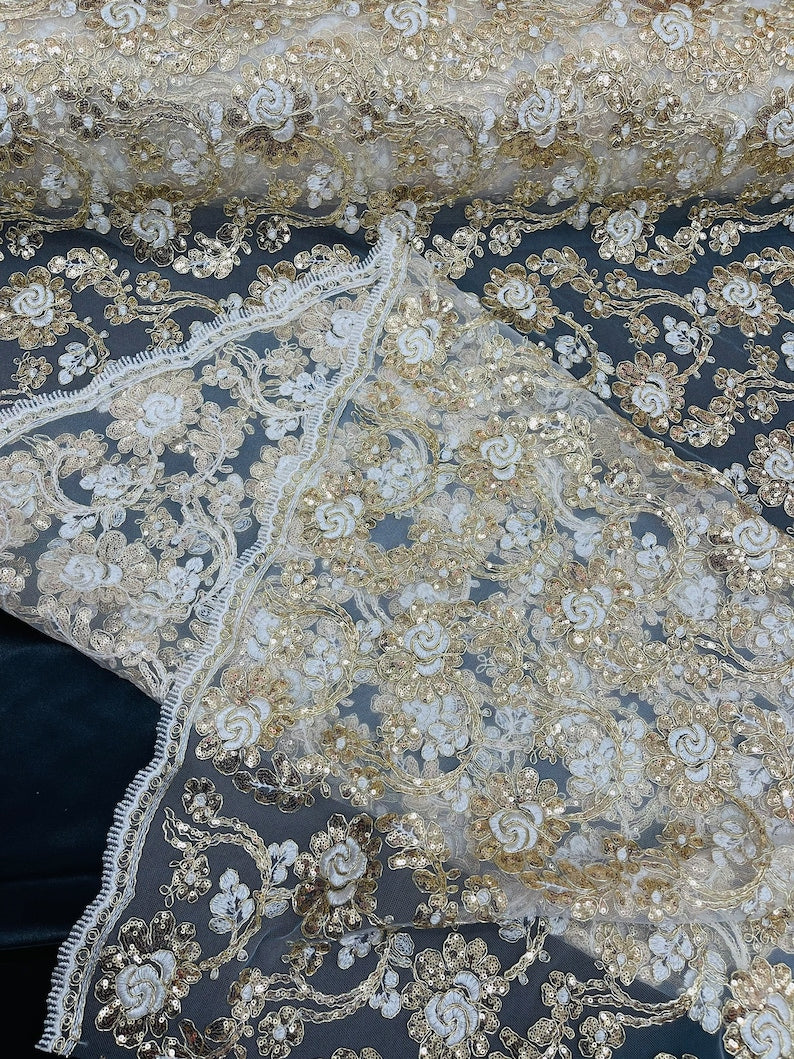 Flower Lace Sequins Fabric - Ivory Gold - Embroidery Floral Design Lace Fabric By Yard