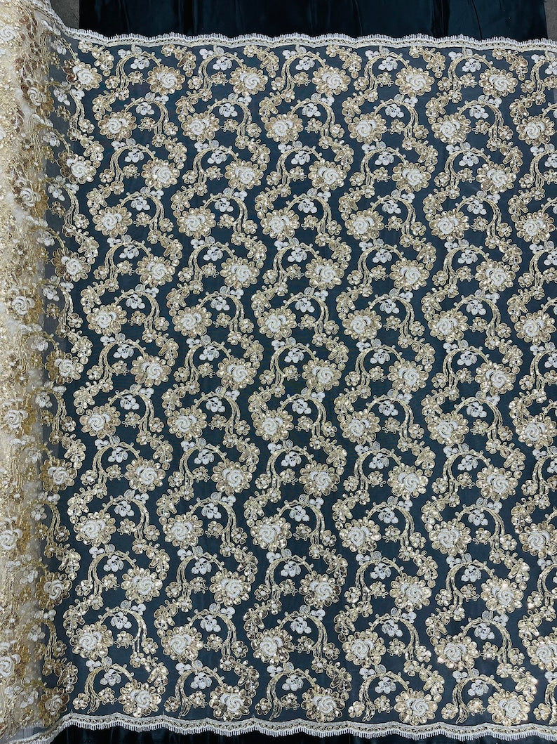 Flower Lace Sequins Fabric - Ivory Gold - Embroidery Floral Design Lace Fabric By Yard