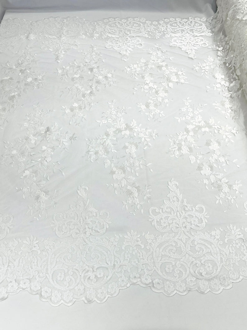 Elegant flower damask flat lace embroidery on a mesh-sold by the yard.