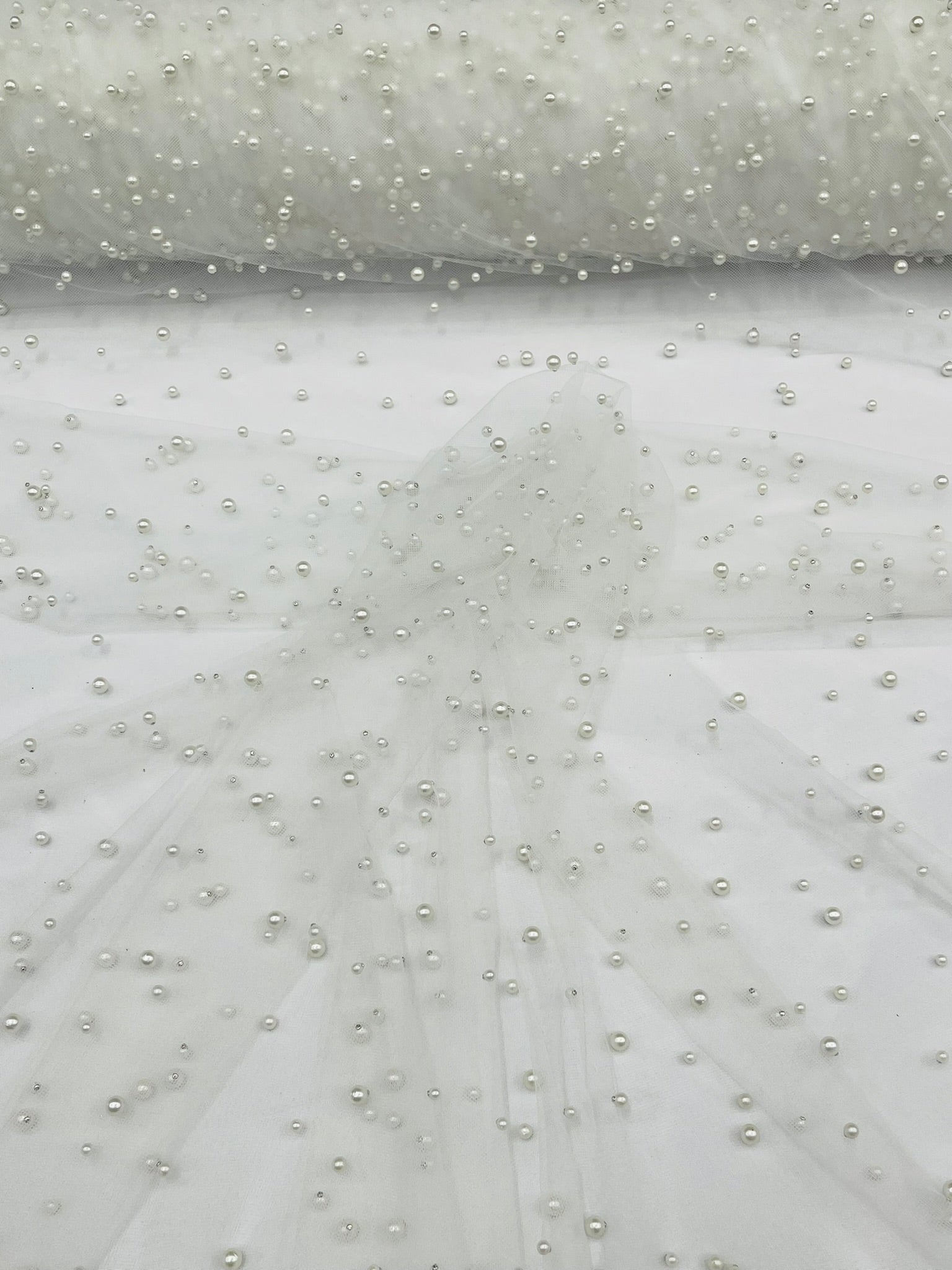 Scattered Pearls Studded Mesh, 2-Way Stretch, Sold by the yard.