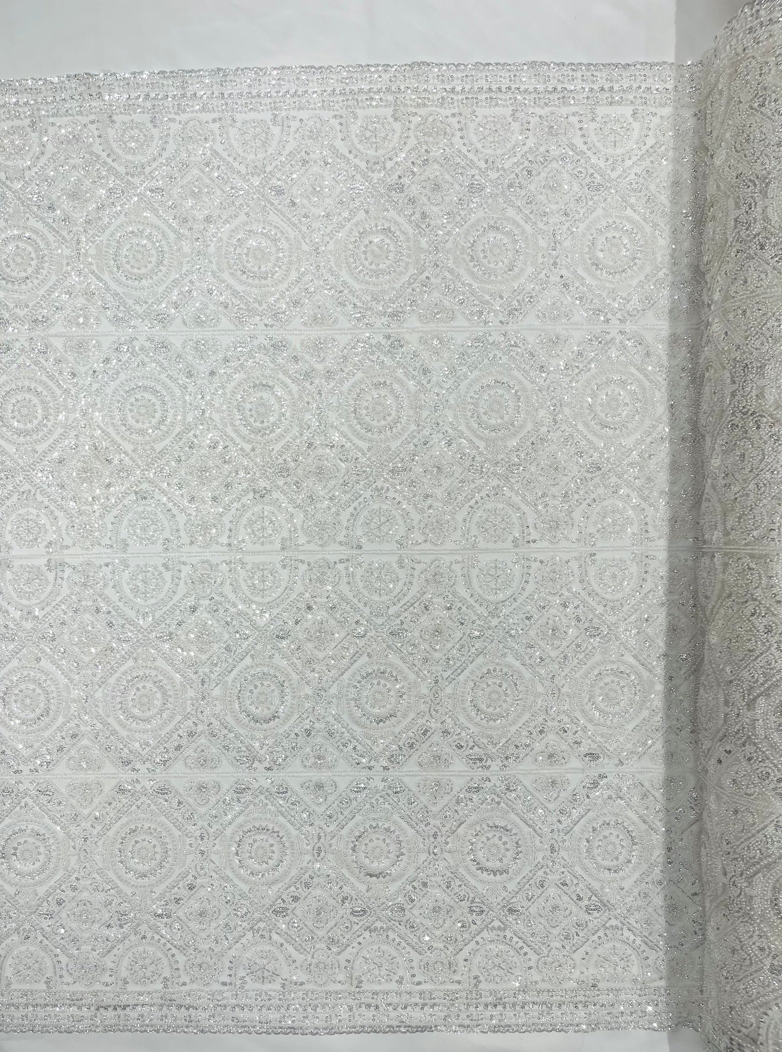 Geometric Beaded Lace Fabric, Heavy Embroidered Design on 58" Mesh for Dresses