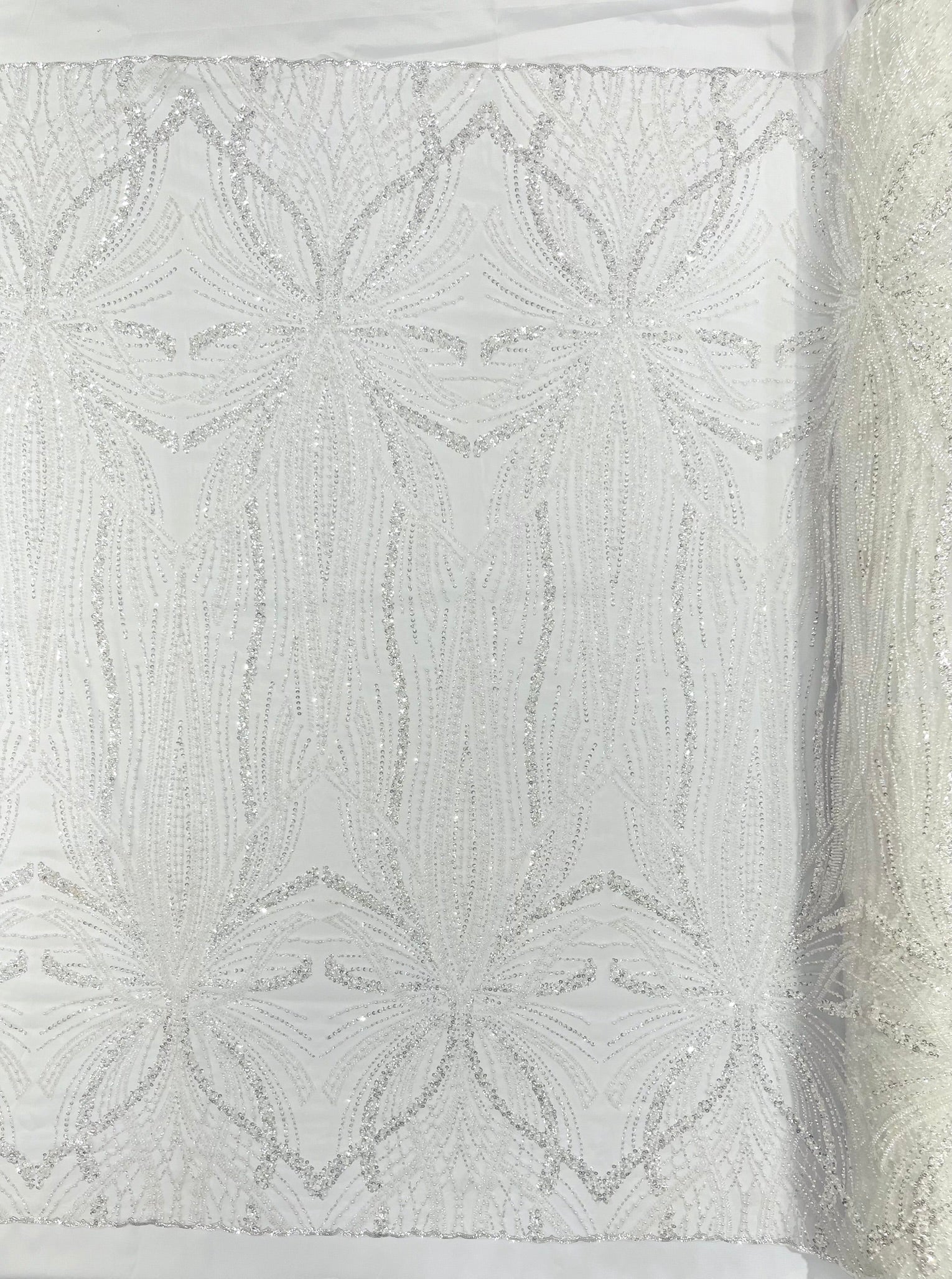 Palm Beaded Lace Fabric, Heavy Embroidered Design on 58" Mesh for Dresses
