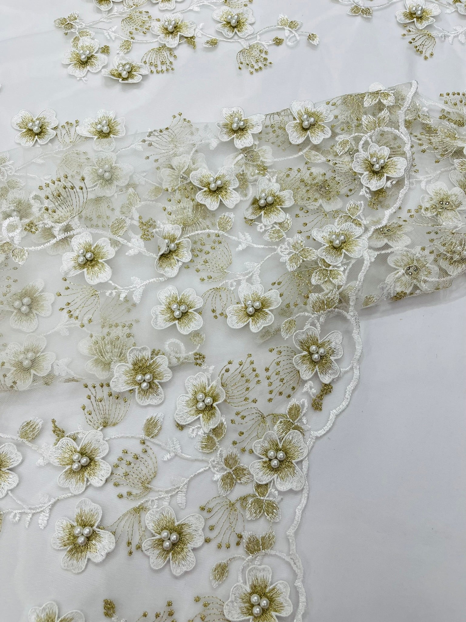 Multi Color 3D Floral design embroider with pearls in a mesh lace fabric -Sold by the yard