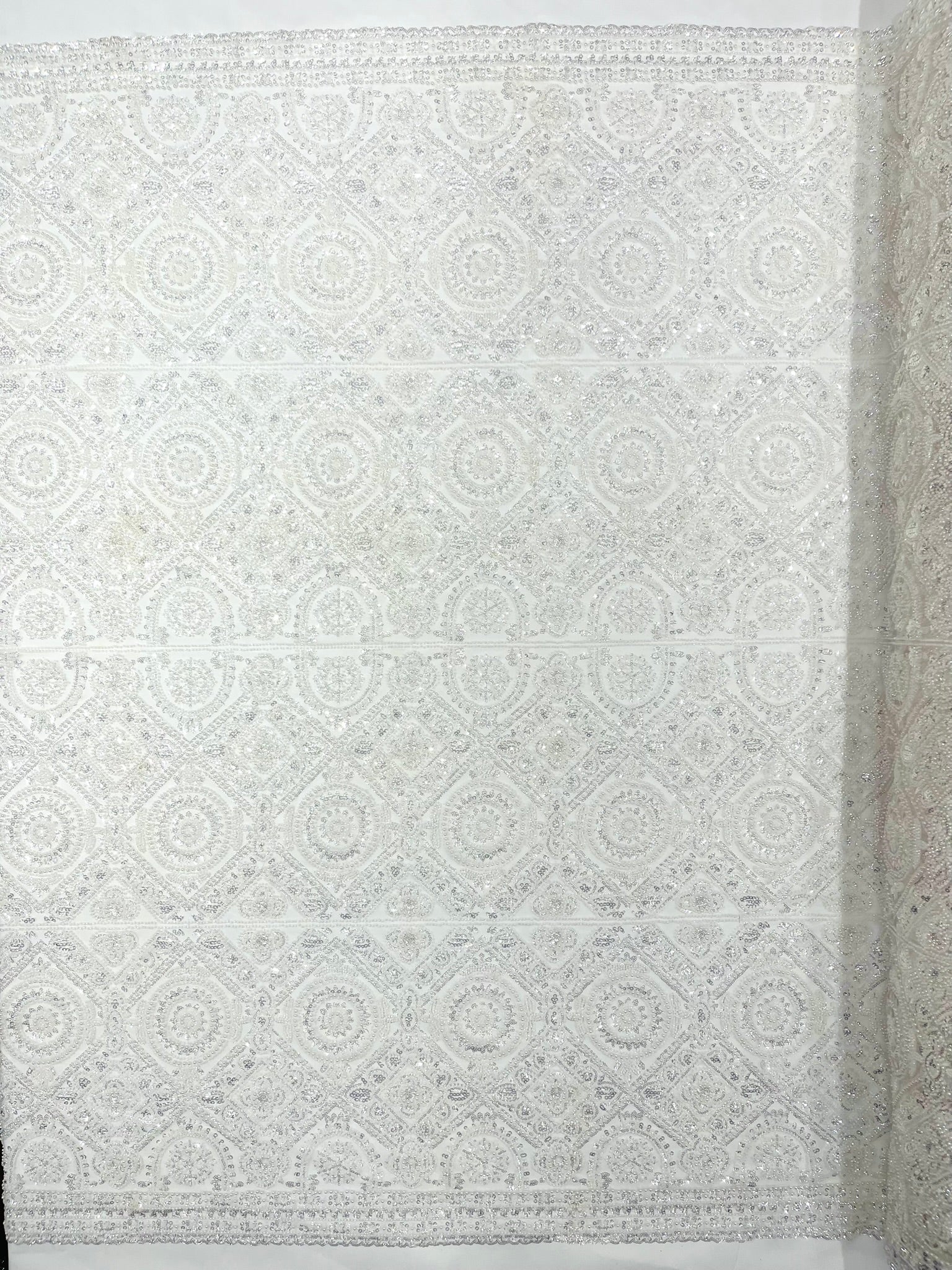 Geometric Beaded Lace Fabric, Heavy Embroidered Design on 58" Mesh for Dresses