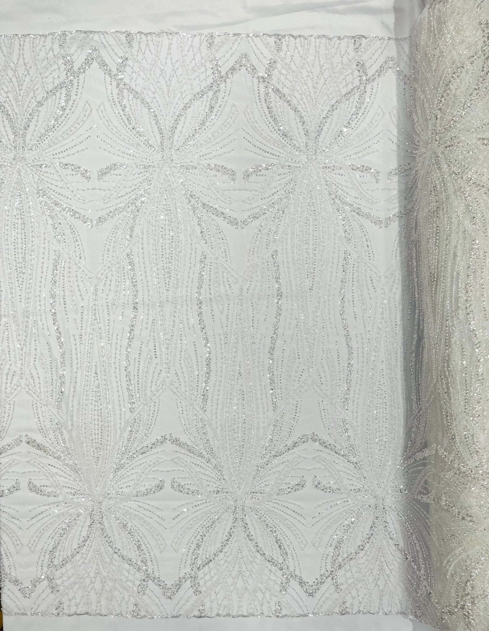 Palm Beaded Lace Fabric, Heavy Embroidered Design on 58" Mesh for Dresses
