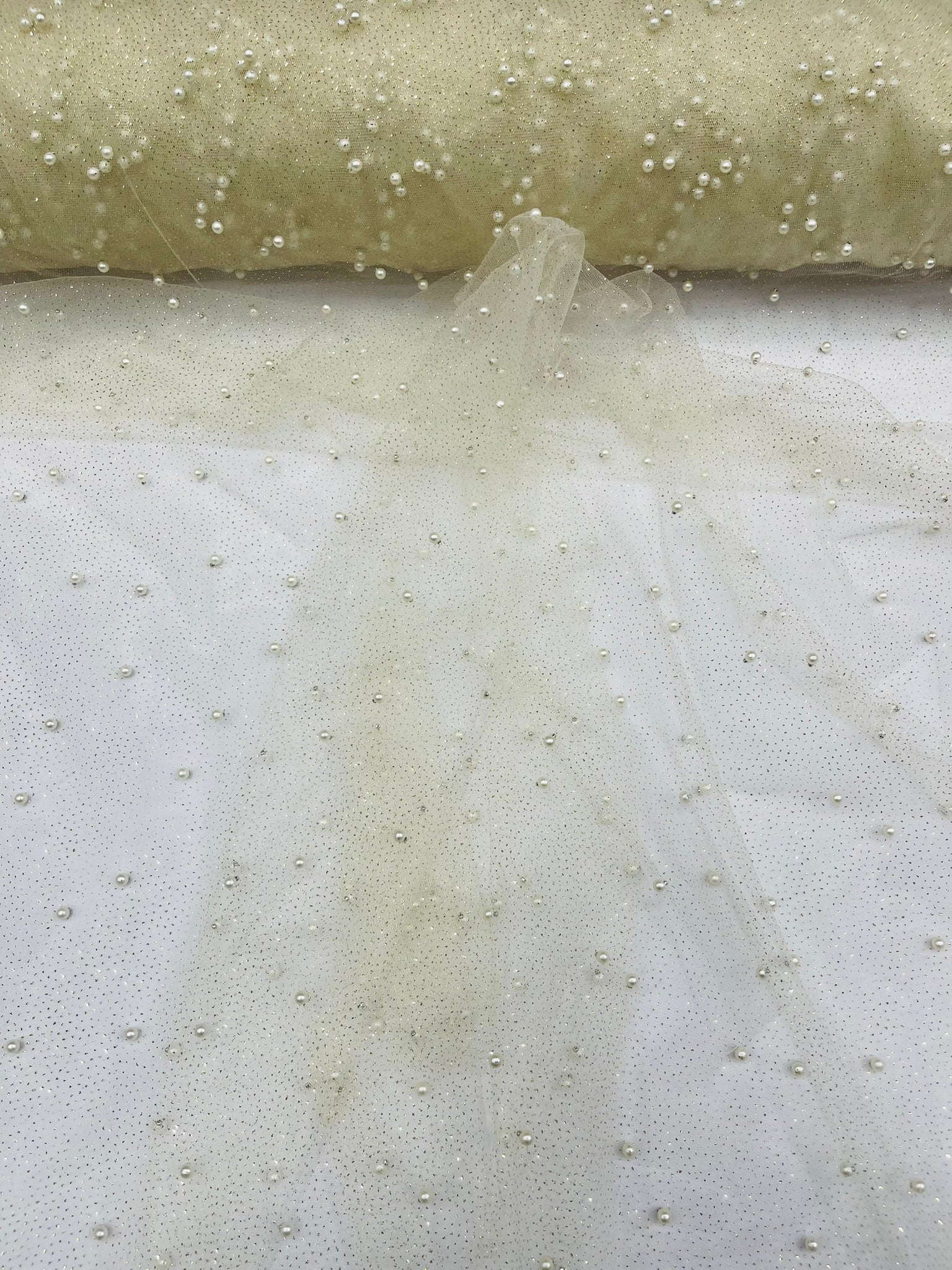 Pearl Glitter Studded Mesh, 2-Way Stretch Shimmer Mesh Fabric, Sold by the yard.