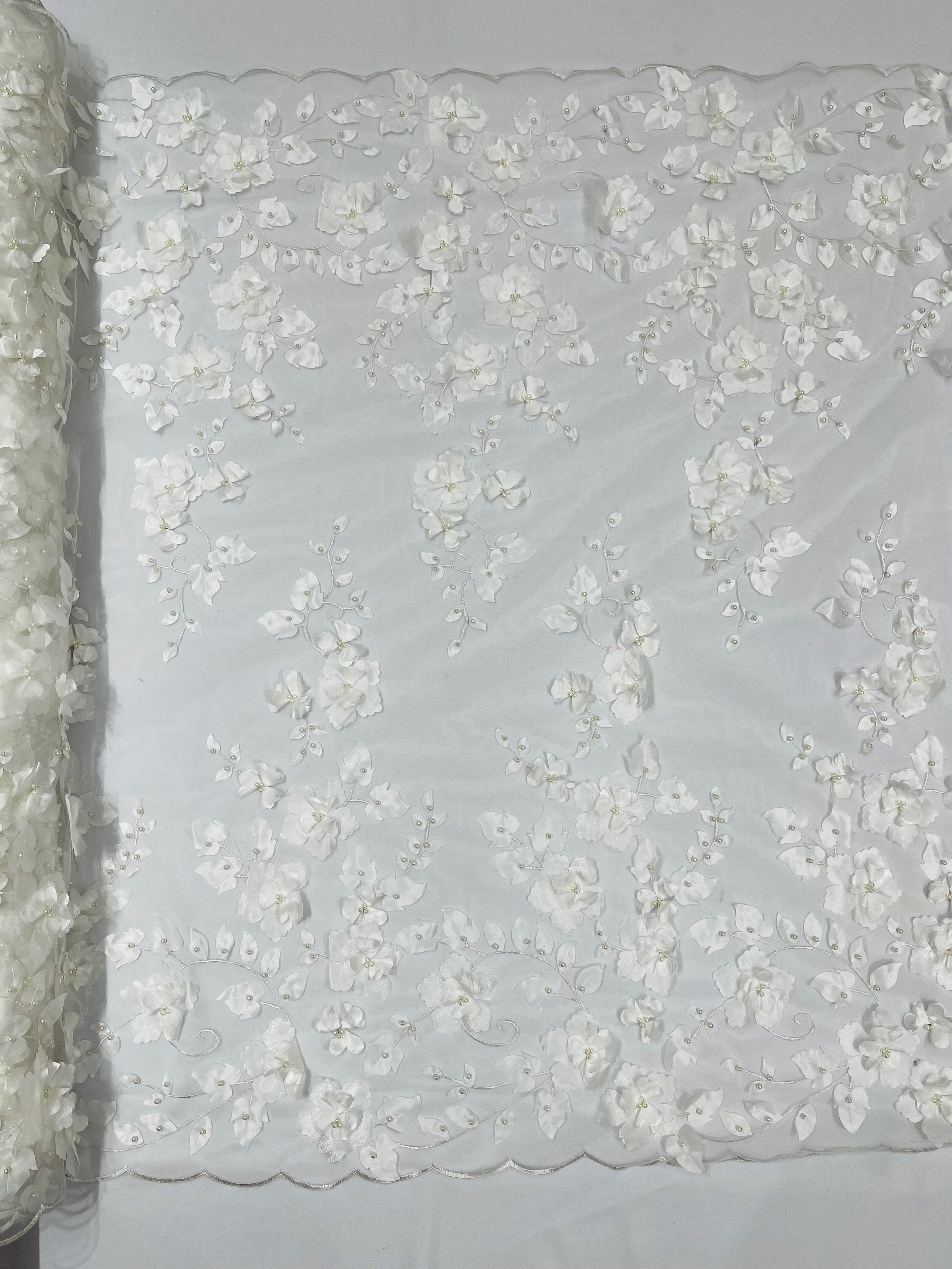 3D FLOWER PEARL LACE DOUBLE BORDER (by the yard)