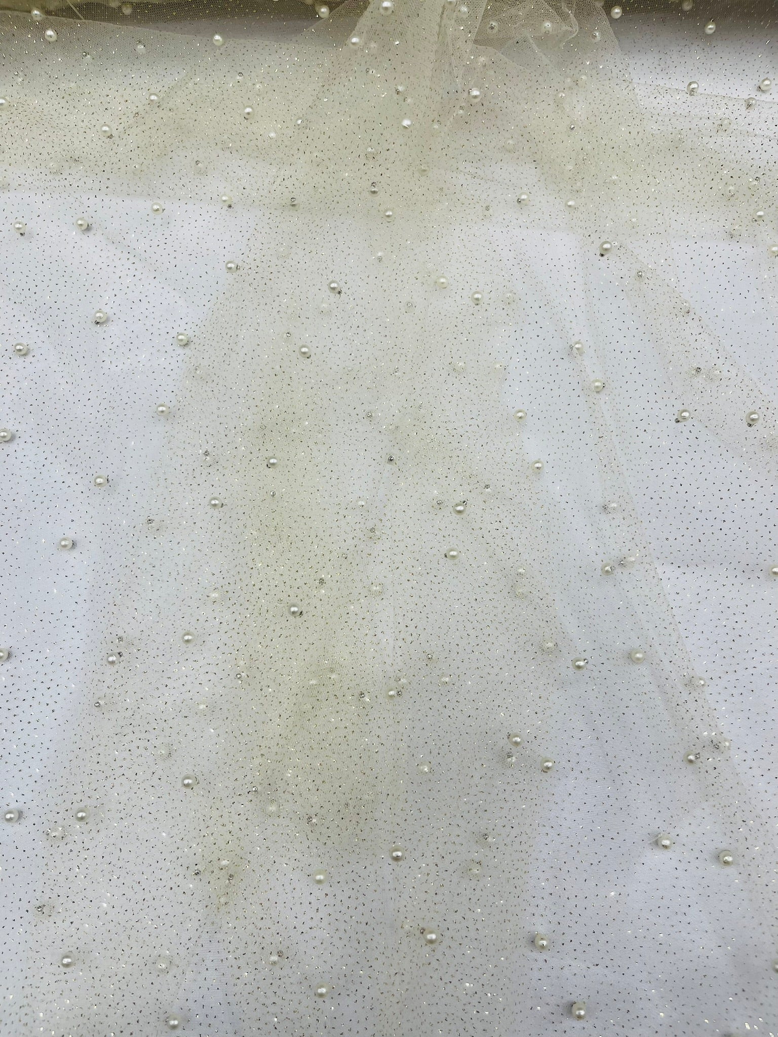 Pearl Glitter Studded Mesh, 2-Way Stretch Shimmer Mesh Fabric, Sold by the yard.