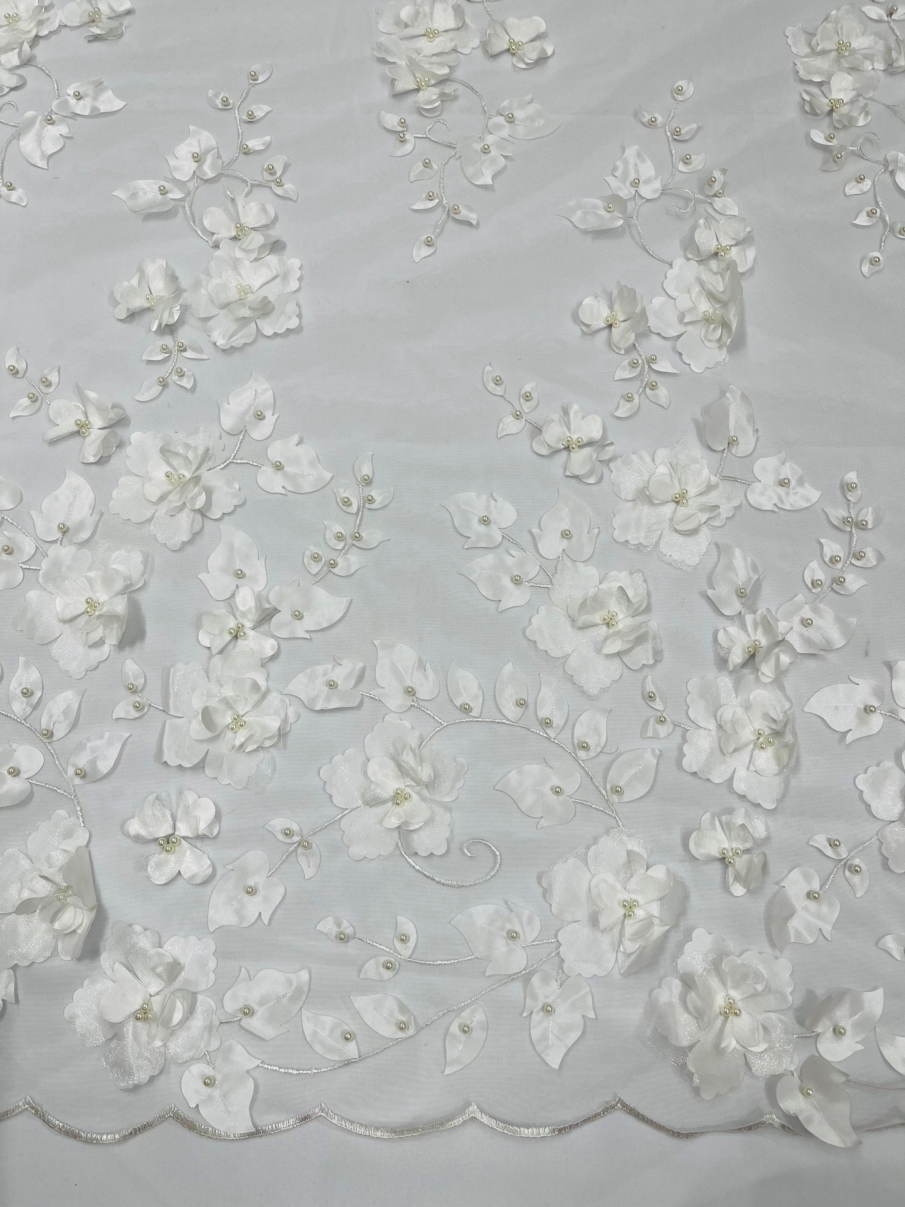 3D FLOWER PEARL LACE DOUBLE BORDER (by the yard)