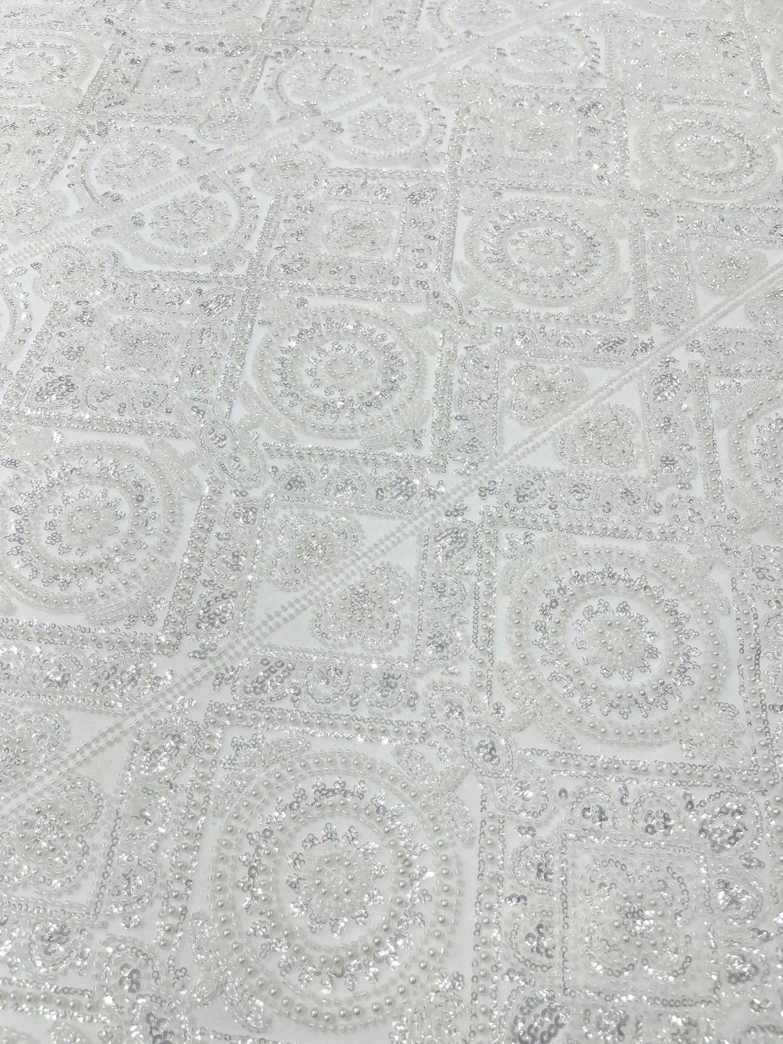 Geometric Beaded Lace Fabric, Heavy Embroidered Design on 58" Mesh for Dresses