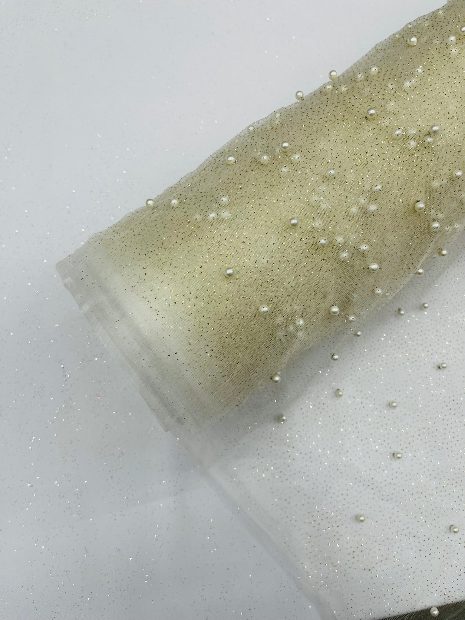 Pearl Glitter Studded Mesh, 2-Way Stretch Shimmer Mesh Fabric, Sold by the yard.