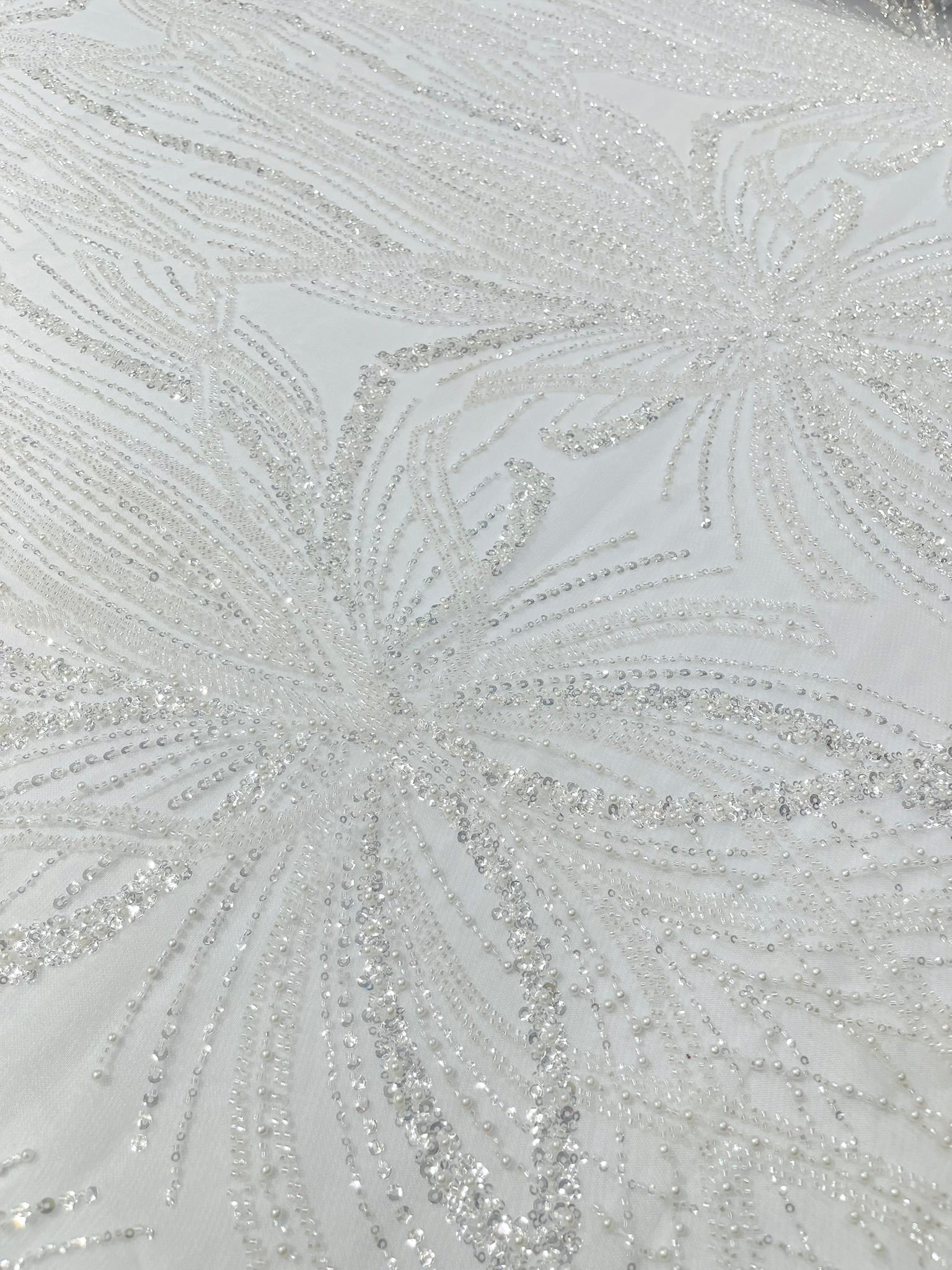 Palm Beaded Lace Fabric, Heavy Embroidered Design on 58" Mesh for Dresses