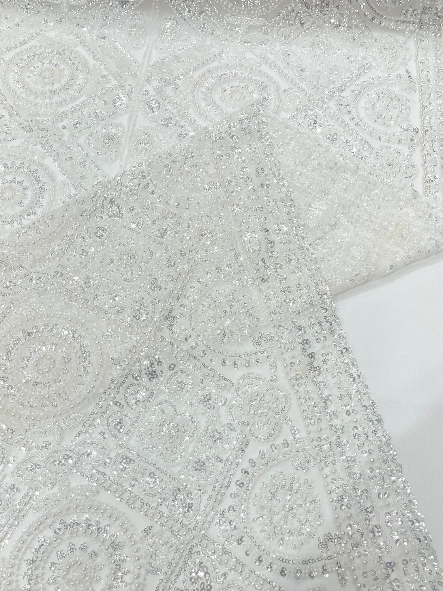 Geometric Beaded Lace Fabric, Heavy Embroidered Design on 58" Mesh for Dresses
