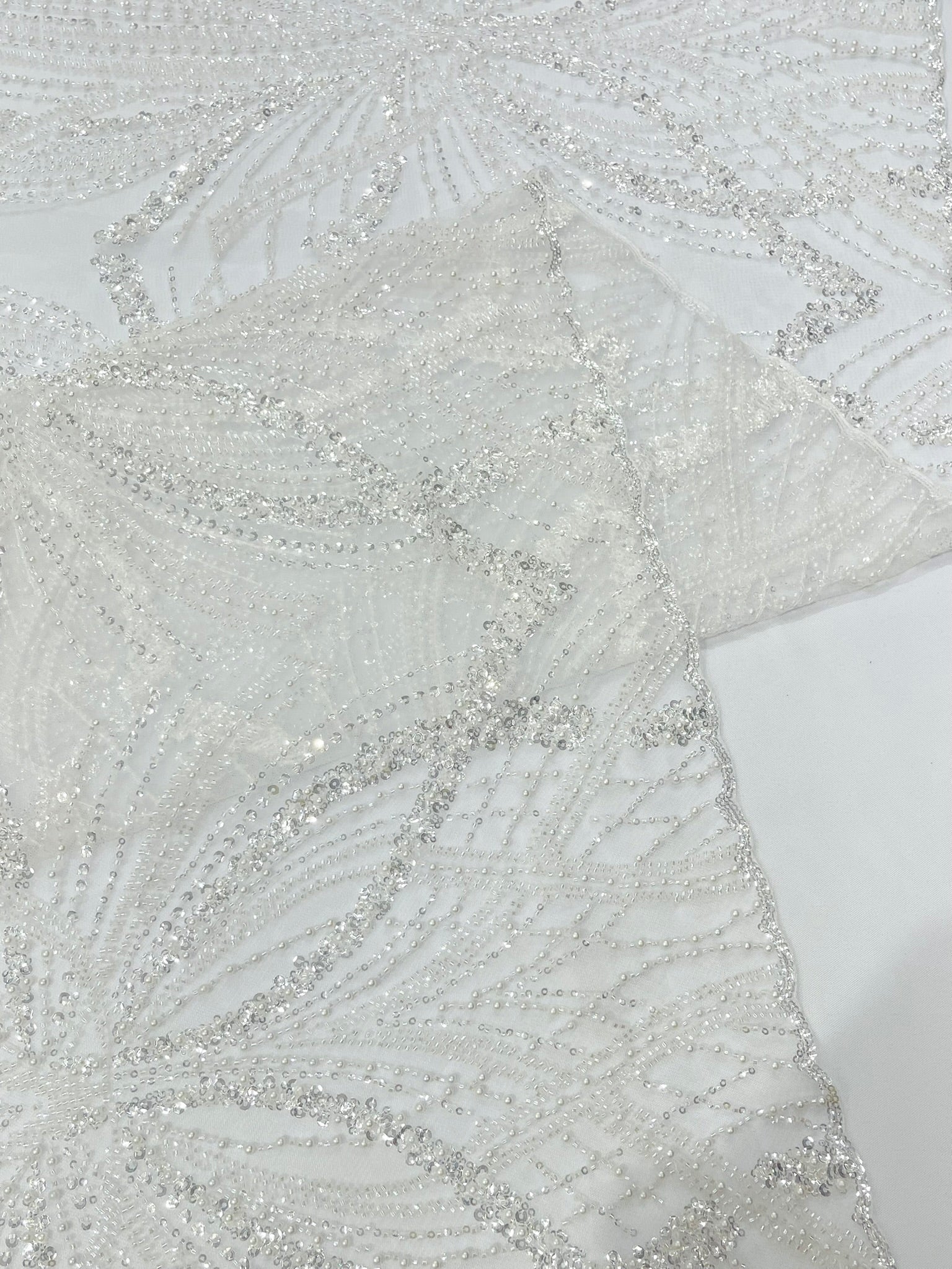 Palm Beaded Lace Fabric, Heavy Embroidered Design on 58" Mesh for Dresses