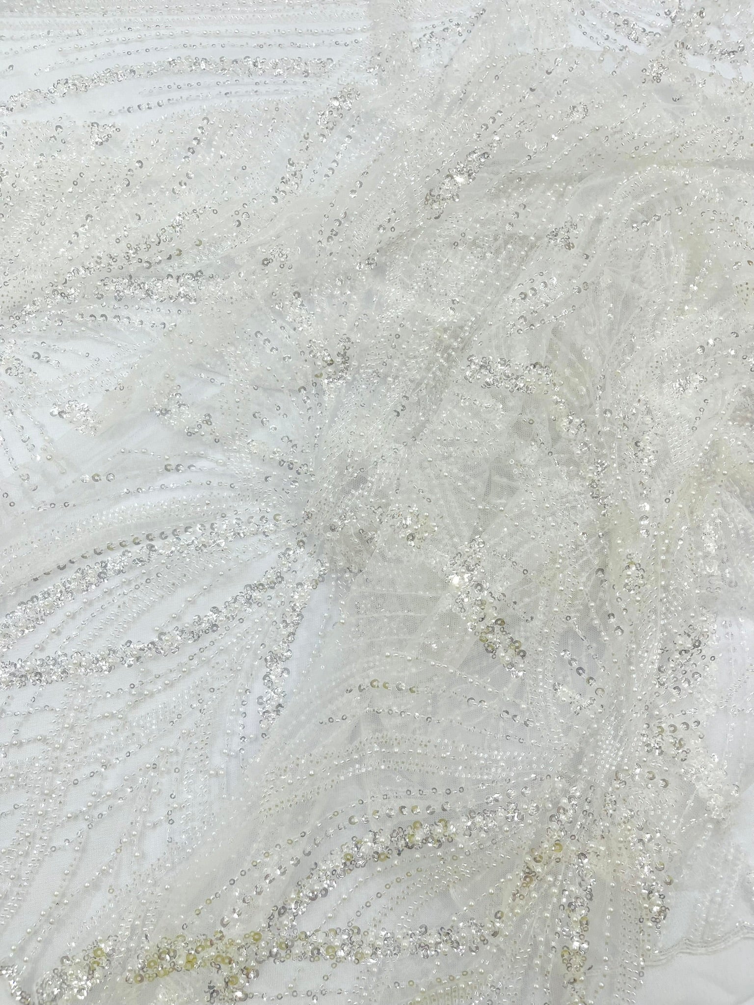 Palm Beaded Lace Fabric, Heavy Embroidered Design on 58" Mesh for Dresses
