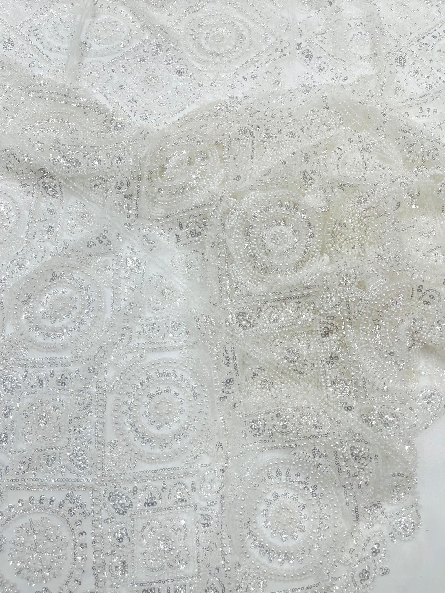 Geometric Beaded Lace Fabric, Heavy Embroidered Design on 58" Mesh for Dresses
