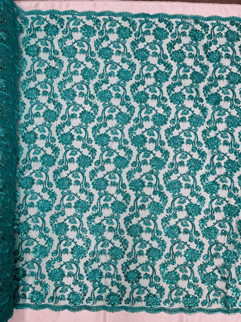 Flower Lace Sequins Fabric - Teal - Embroidery Floral Design Lace Fabric By Yard