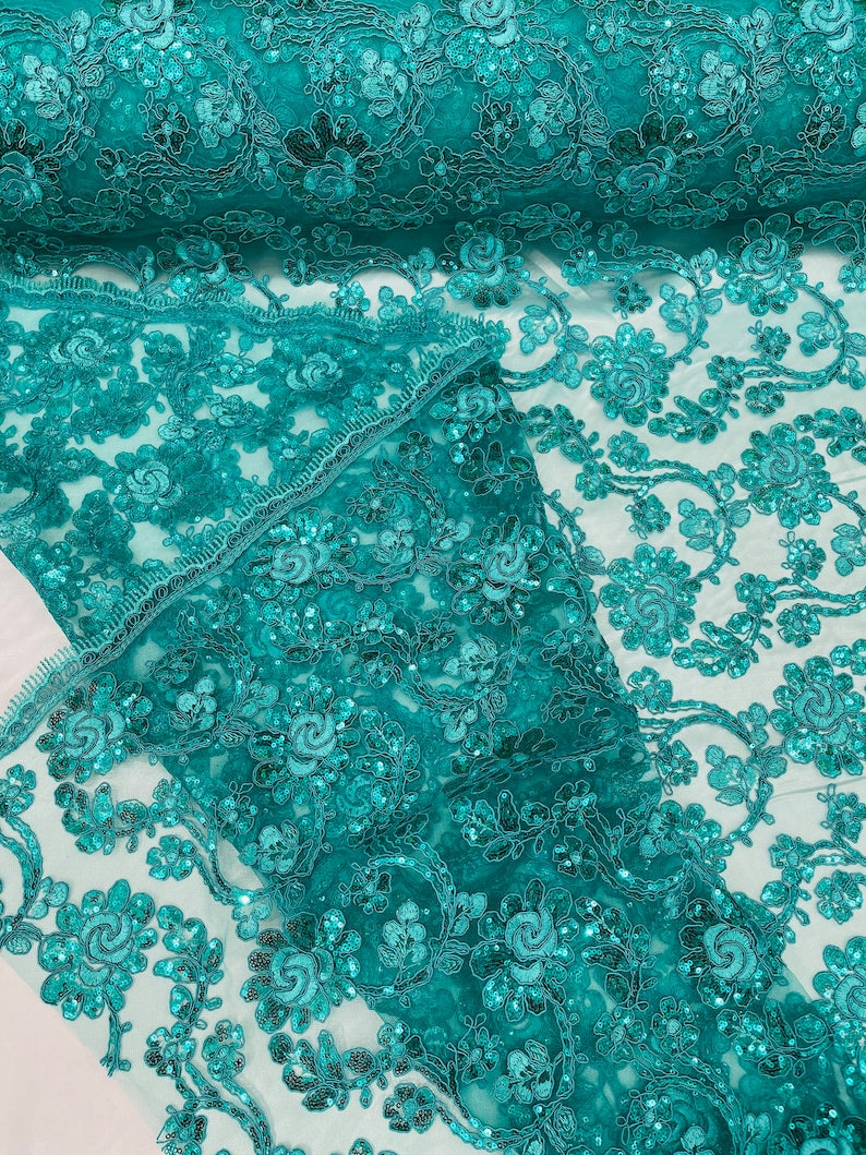 Flower Lace Sequins Fabric - Teal - Embroidery Floral Design Lace Fabric By Yard