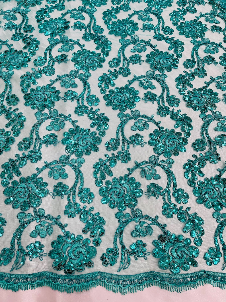 Flower Lace Sequins Fabric - Teal - Embroidery Floral Design Lace Fabric By Yard