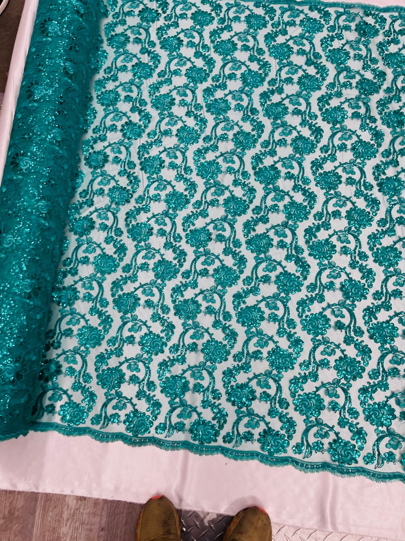 Flower Lace Sequins Fabric - Teal - Embroidery Floral Design Lace Fabric By Yard