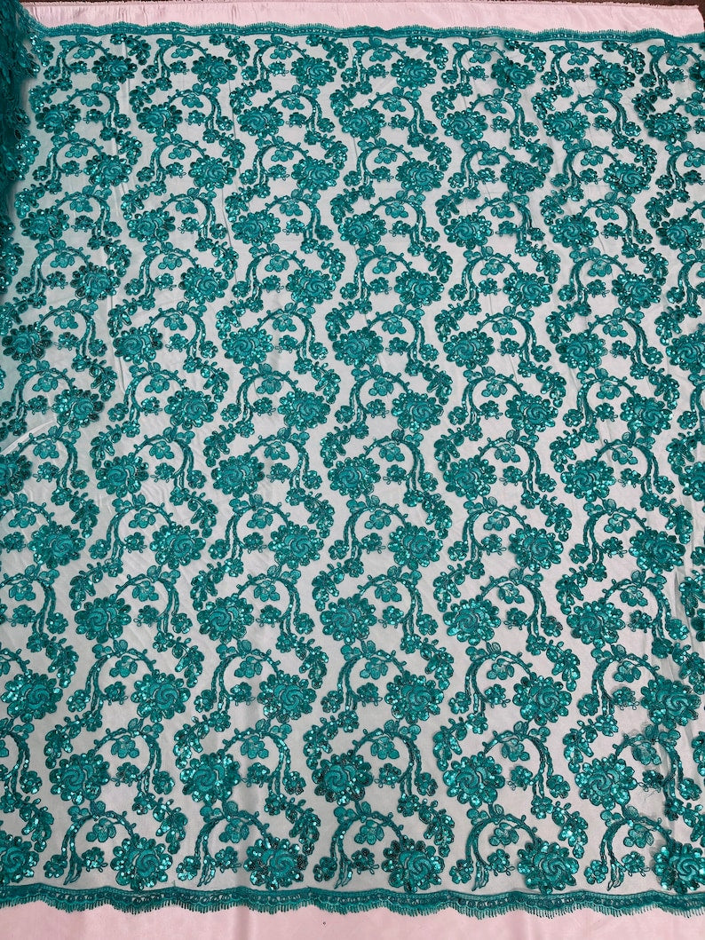 Flower Lace Sequins Fabric - Teal - Embroidery Floral Design Lace Fabric By Yard