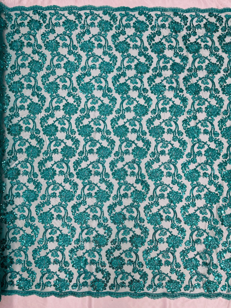 Flower Lace Sequins Fabric - Teal - Embroidery Floral Design Lace Fabric By Yard