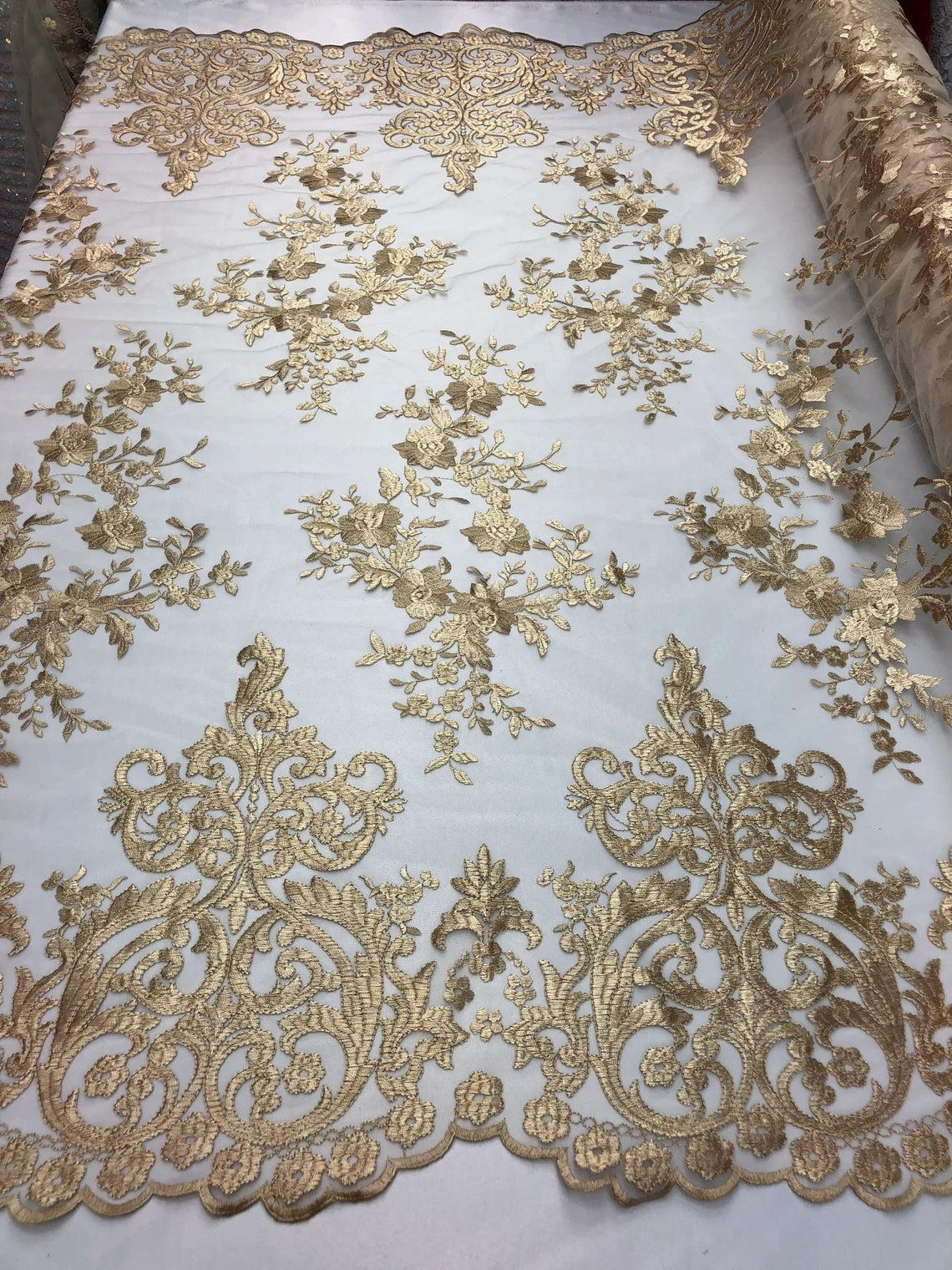 Damask Design Lace Fabric - Khaki - Embroidered Damask Fancy Beautiful Design Lace Fabric By Yard