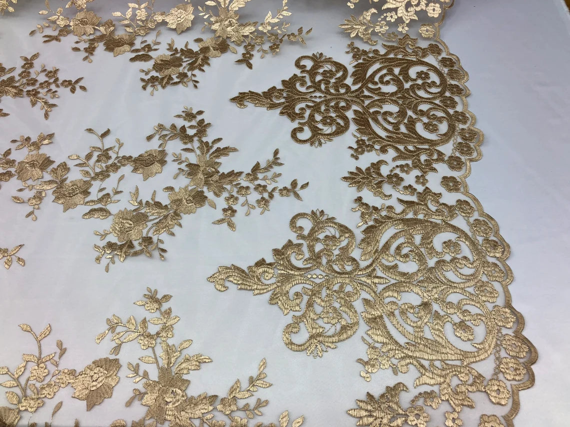 Damask Design Lace Fabric - Khaki - Embroidered Damask Fancy Beautiful Design Lace Fabric By Yard