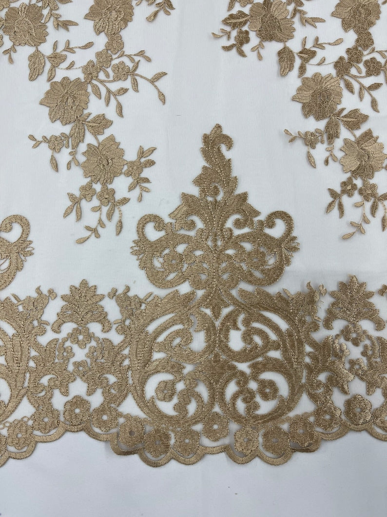 Elegant flower damask flat lace embroidery on a mesh-sold by the yard.