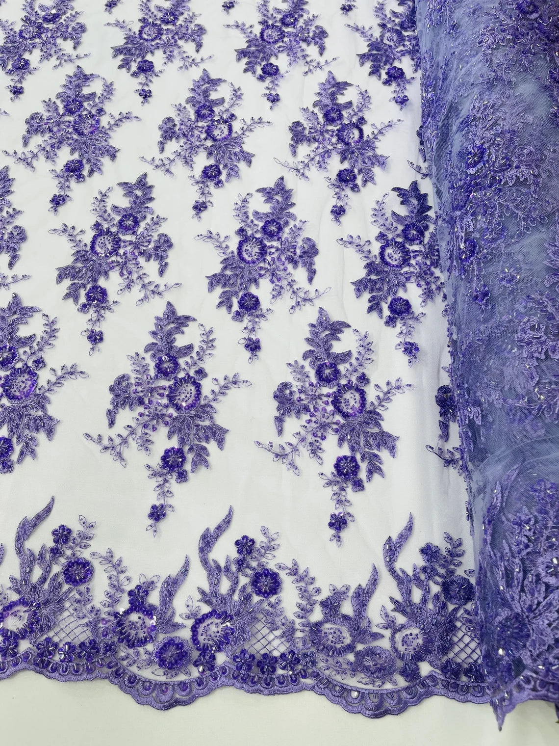 Floral Leaf Bead Sequins Fabric - Lavender - Embroidered Flower and Leaves Design Fabric By Yard