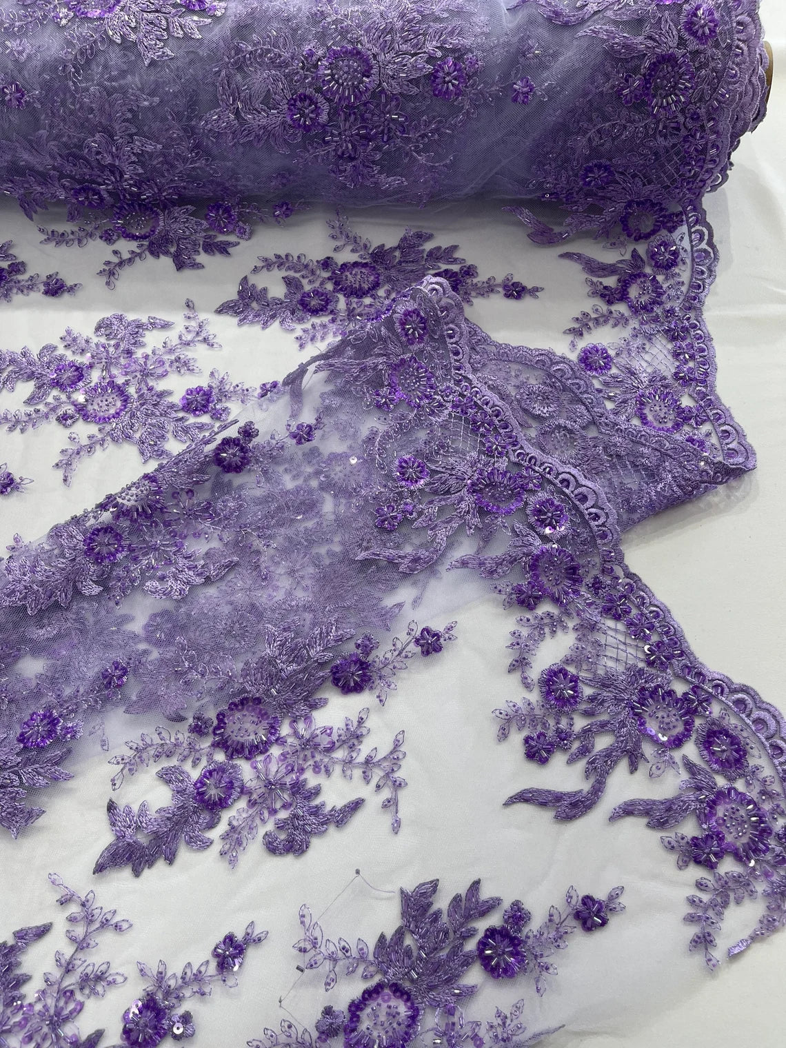 Floral Leaf Bead Sequins Fabric - Lavender - Embroidered Flower and Leaves Design Fabric By Yard