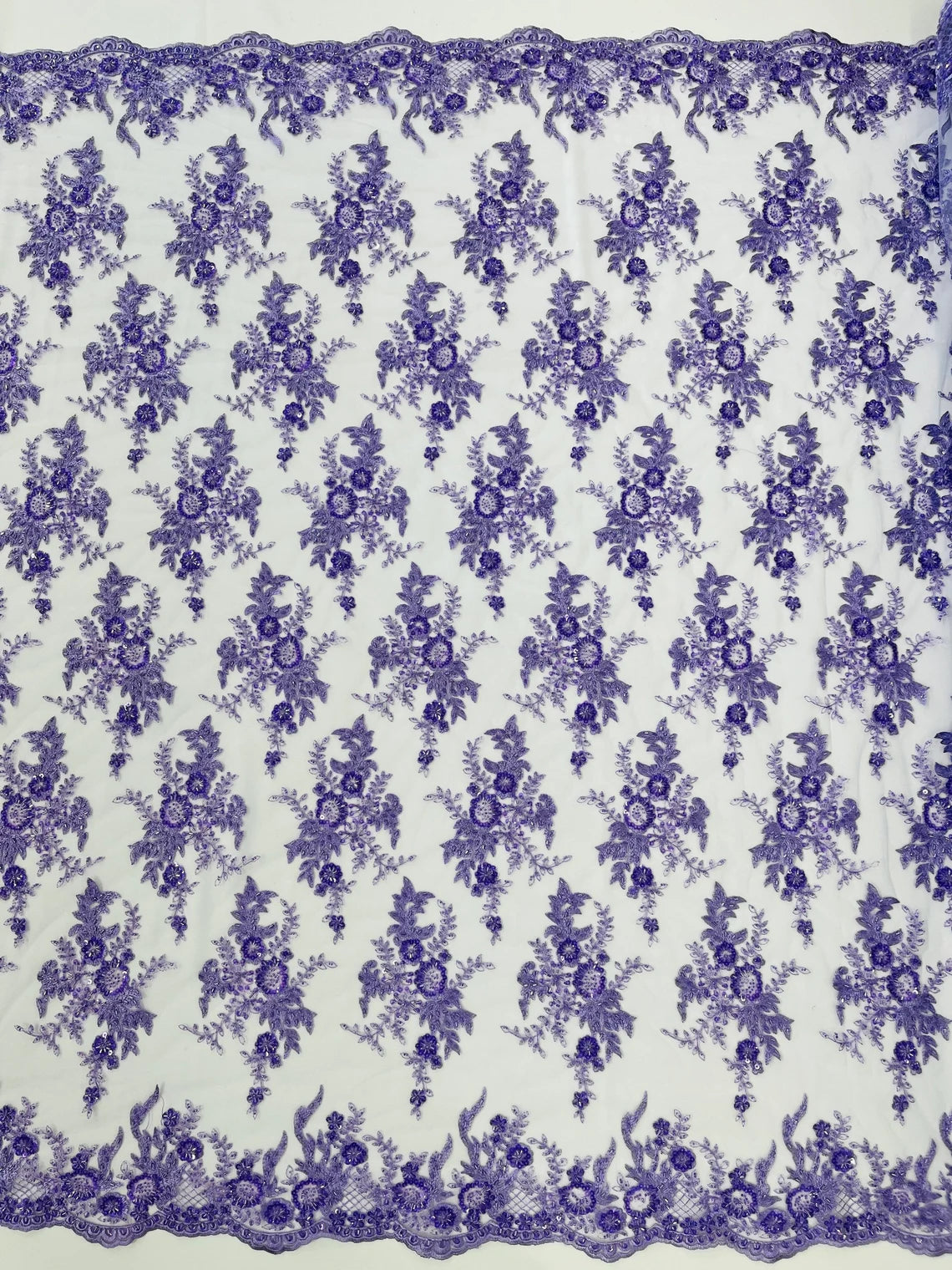 Floral Leaf Bead Sequins Fabric - Lavender - Embroidered Flower and Leaves Design Fabric By Yard