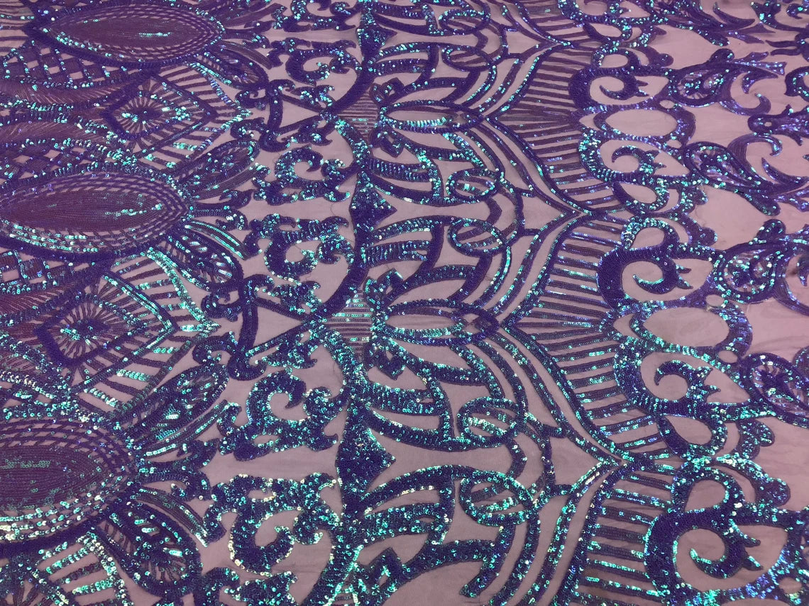 Royalty Damask Sequins Fabric - Lavender - Fancy Royal Lace Design 4 Way Stretch Sequins By Yard